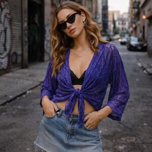 Vintage Dark Purple Sheer Rayon Silk Velvet Burnout Kimono Cardigan Whimsy Sz PS